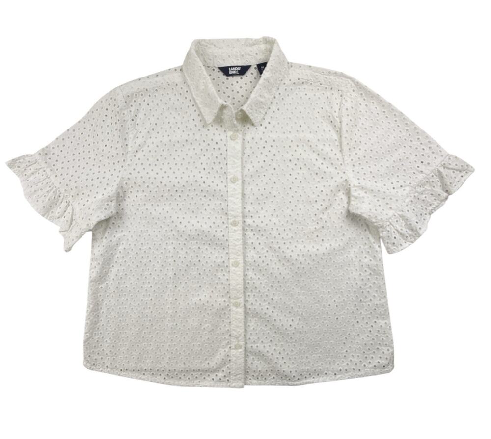 Lands End Shirt White Eyelet Cotton Ruffled Short Sleeve Button Up Blouse Med